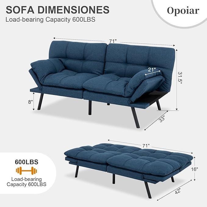Opoiar Futon Sofa Bed Convertible Memory Foam Blue Couch Bed Futon Sets Folding Modern Sleeper Sofa Gray Loveseat for Studio,Drom,Apartment,Game Room and Small Space