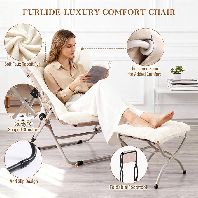 Saucer Chair with Ottoman, Oversized Dorm Chairs, X-Large Faux Fur Folding Chair, Foldable Metal Frame Chair for Bedroom, Living Room (Beige)