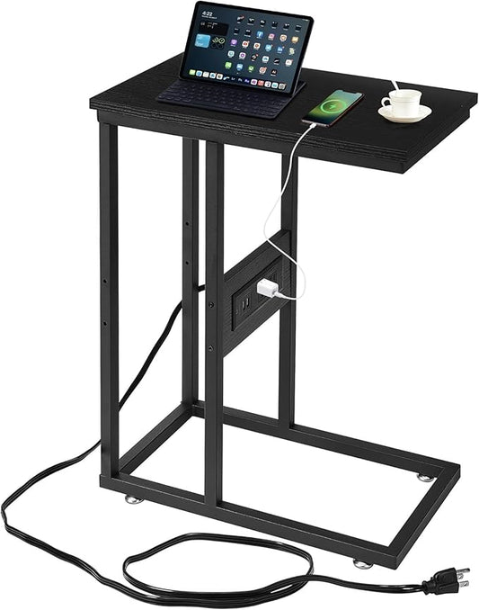 VECELO C-Shaped End Side Table with Charging Station & 2 USB Ports and Outlets for Living Room, Bedroom, with Adjustable Feet for Couch Sofa, Bedside, Small Spaces， Black