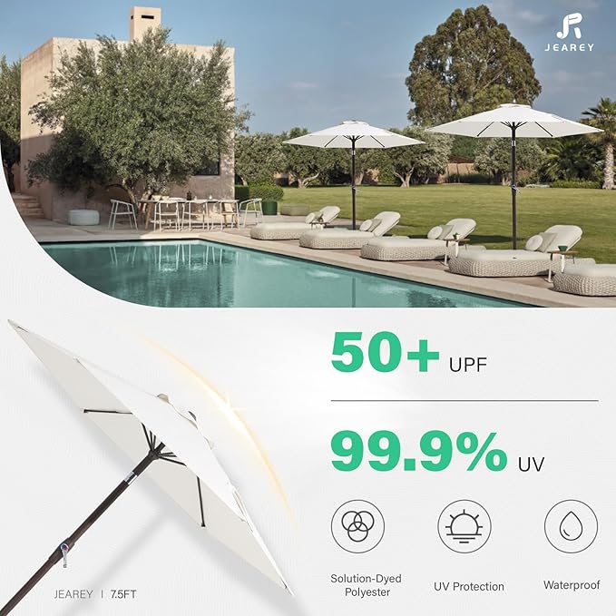 JEAREY 7.5FT Patio Umbrella Outdoor Market Umbrella with 6 Sturdy Ribs, Push Button Tilt/Crank Table Umbrella for Garden, Deck, Backyard and Pool, Off-White