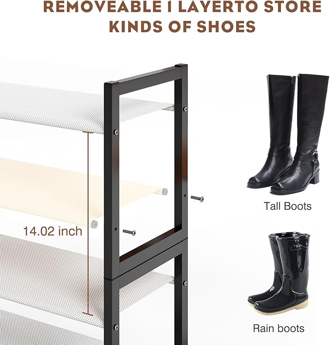 6-Tier Shoe Rack Organizer, Zero-Wobble Metal Frame with Screw-Fastened Joints, 11.8" Deep Heel-Friendly Non-Woven Shelves, Stackable Shoe Storage for Closet & Entryway