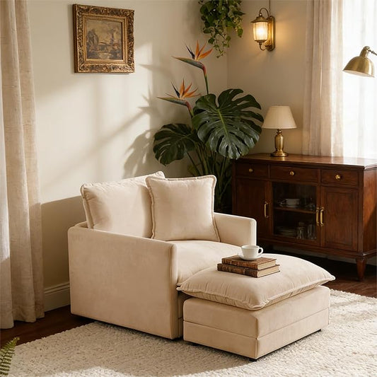 Chenille Oversized Chair with Ottoman - 39”W Big Comfy Reading Chair and Ottoman Set, Lounge Chair for Living Room, Bedroom, Kids Room, Reading Nook, Family Room, Sand Beige