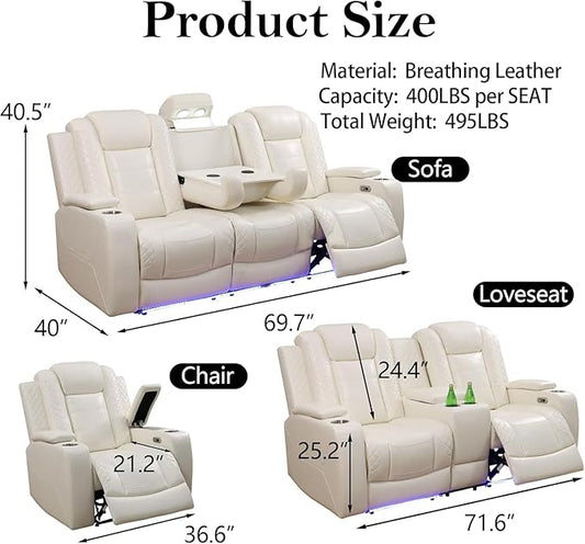 Power Reclining Sofa Set for Living Room, Leather Recliner Couch Set with Drop-Down Table, Power Pads, Cup Holders, Storage Console for House/Home Teather(Sofa, Loveseat and Chiar, Cream)