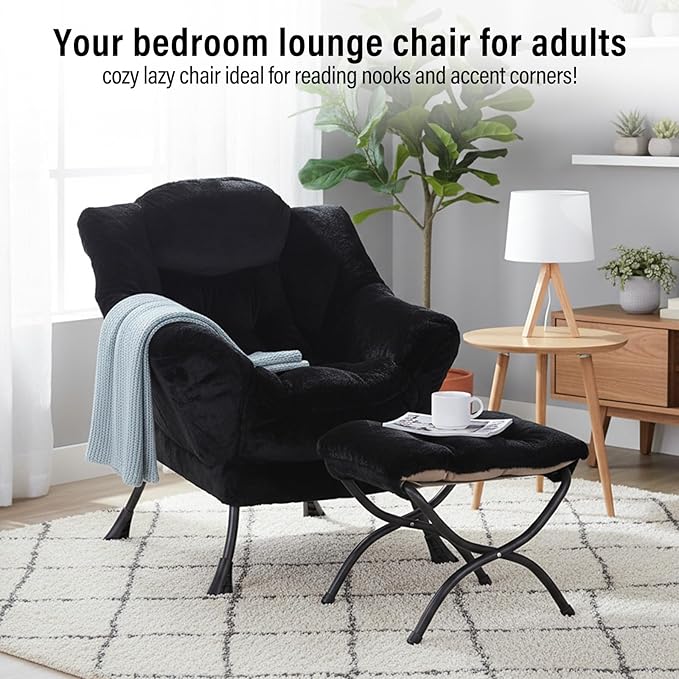 Lazy Chair with Ottoman, Modern Chair with Folding Footrest, Plush Black Accent Chair, Comfortable Reading Chair, Oversized Armchairs for Bedroom, Study, Living Room, Courtyard