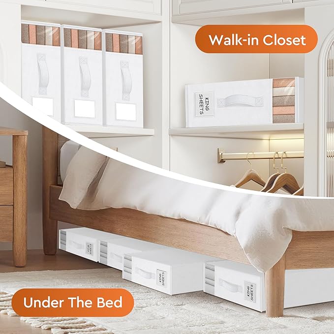 4 Pack Bed Sheet Closet Organizers and Storage,Sturdy Foldable Storage Containers with Window and Label,Storage and Organization for Bedding Sheets,Duvet Covers,Blankets (White)
