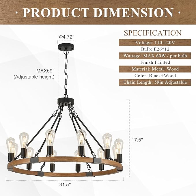 12 Lights Wooden Wagon Wheel Chandeliers Farmhouse 31.5'' Oak Wood Round Chandelier Black Metal Rustic Pendant Light Fixture for Living Dining Room Entryway Foyer Kitchen