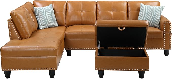 Favfurish 98" L Shaped Sectional Sofa Set with Storage Ottoman Reversible Back Cushion Cupholders,Faux Leather Upholstered Modular Couch for Living Room,Office,Home Furniture,Ginger