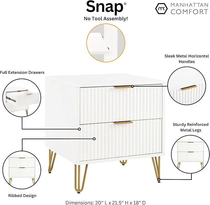 Manhattan Comfort Dumbo Modern Nightstand 2.0 with 2 Drawer and Metal Feet | Splayed Gold Legs | Vertical Ribbed Design | No Tool Assembly Storage for Bedroom, Set of 2, Set of 2, White