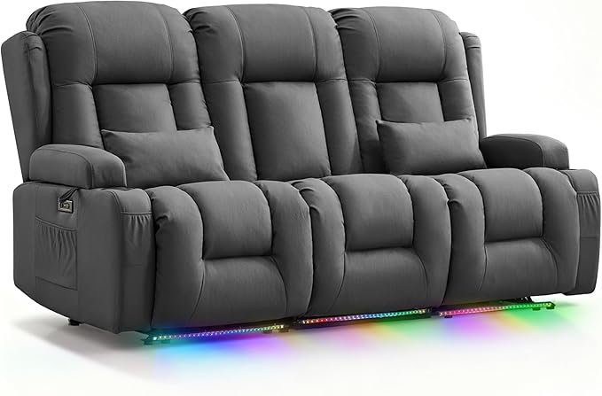 TUNYI Wall Hugger Loveseat Recliner Sofa with Console, Power Reclining Loveseat RV Couch with Massage & Heat/USB/Outlet/Storage/LED Light (Grey, 3 Seat)