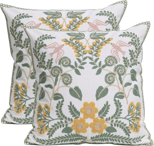 Set of 2 Embroidered Decorative Throw Pillow Covers Couch Square Pillowcases Cushion for Bedroom Sofa Farmhouse Decor 18x18 Inch (Flower-A)