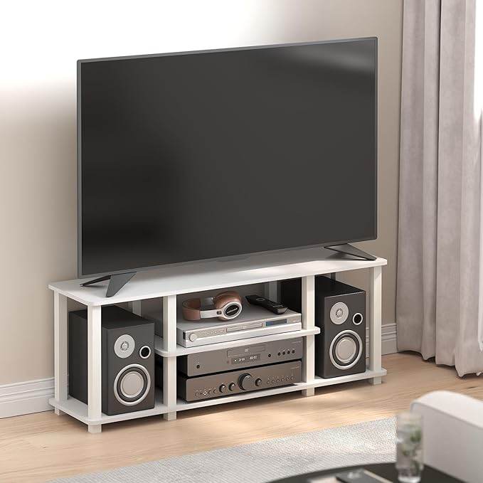 Furinno Turn-S-Tube TV Stand, 3-Tier No Tools 3D Entertainment Center with Open Shelf, TV Console for TV up to 50 Inch, with Square Tube, for Living Room, Bedroom, White