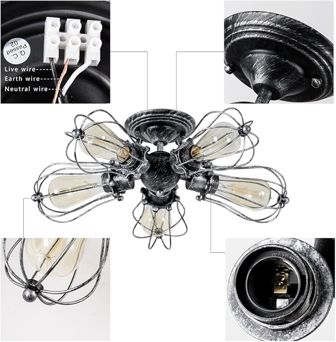 Vintage Ceiling Light Industrial Semi-Flush Mount Ceiling Light Metal Fixtures Painted Finish (with 5 Light) (Silver)