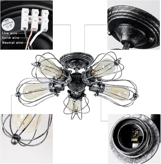 Vintage Ceiling Light Industrial Semi-Flush Mount Ceiling Light Metal Fixtures Painted Finish (with 5 Light) (Silver)