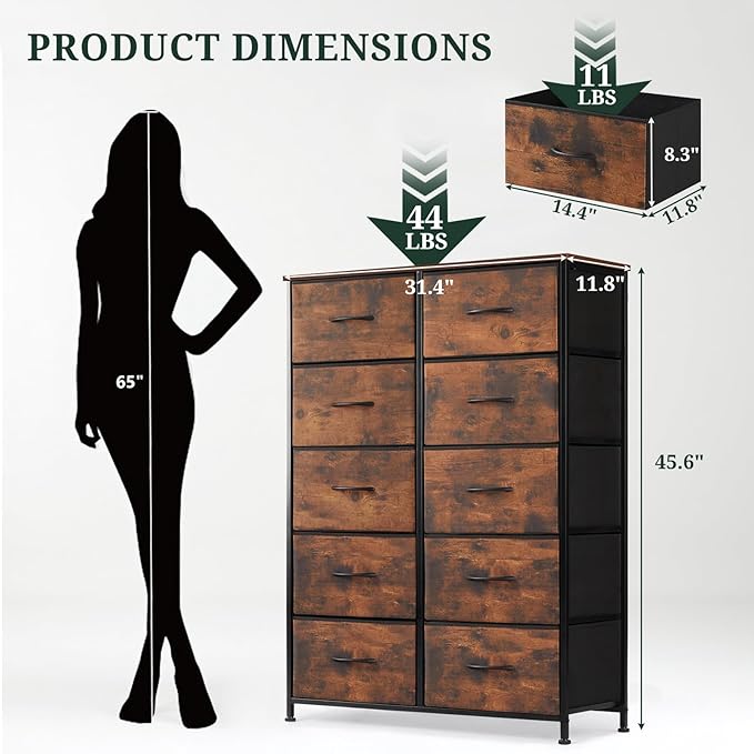 10-Drawer Dresser for Bedroom, Anti-Tip Tall Storage Organizer Chest of Drawers with Wooden Top and Metal Frame Fabric Bins for Closet, Living Room, Hallway, Entryway, Brown