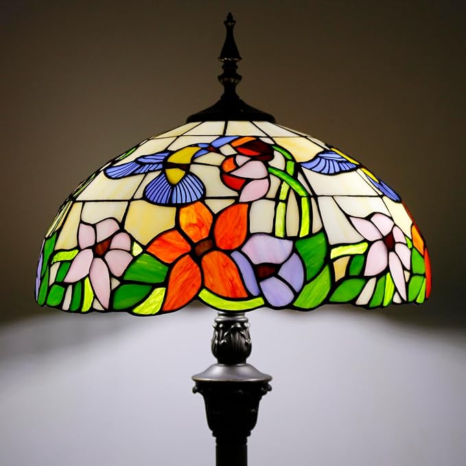WERFACTORY Tiffany Floor Lamp Hummingbird Amber Stained Glass Standing Reading Light 16X16X64 Inches Antique Pole Corner Lamp Decor Bedroom Living Room Home Office S101 Series