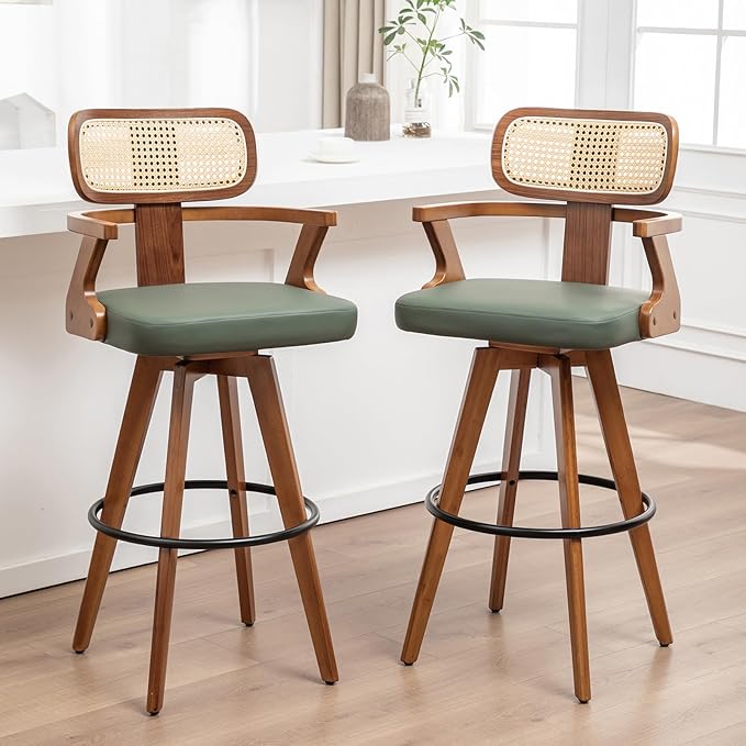 Set of 2 Counter Height Bar Stools - 27 inch Swivel Counter Stools with Walnut Craftsmanship, Cane Back, Upholstered Faux Leather, Kitchen Island Stools for Island/Pub/Kitchen (27" Seat Height, Green)