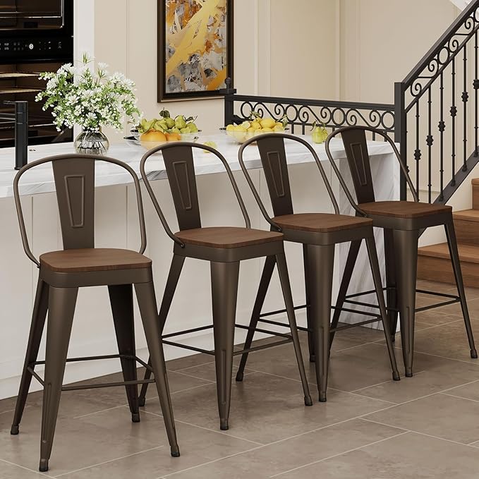 Andeworld Metal Bar Stools Set of 2, 26 inch Counter Height Barstools with Backs Farmhouse Modern High Back Bar Stools with Larger Seat Kitchen Dining Bar Chairs,Rusty
