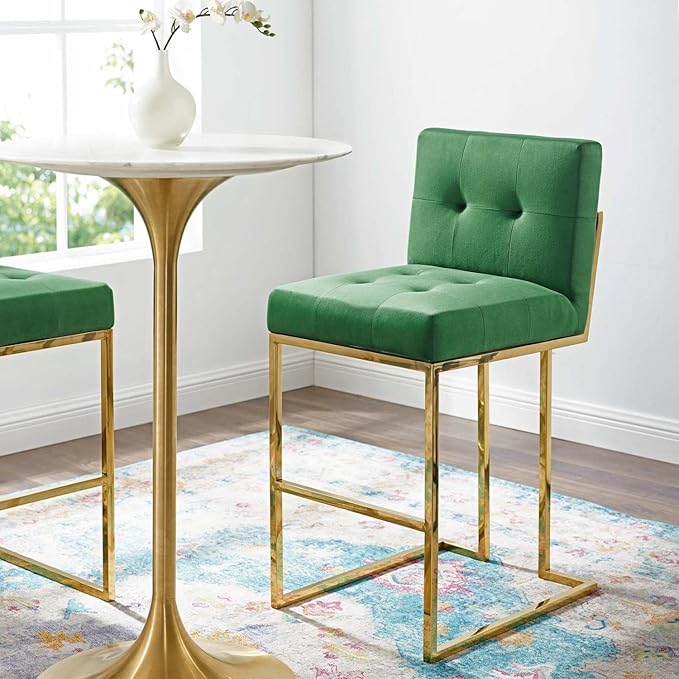 Modway Privy Gold Stainless Steel Performance Velvet Bar Stool, Emerald