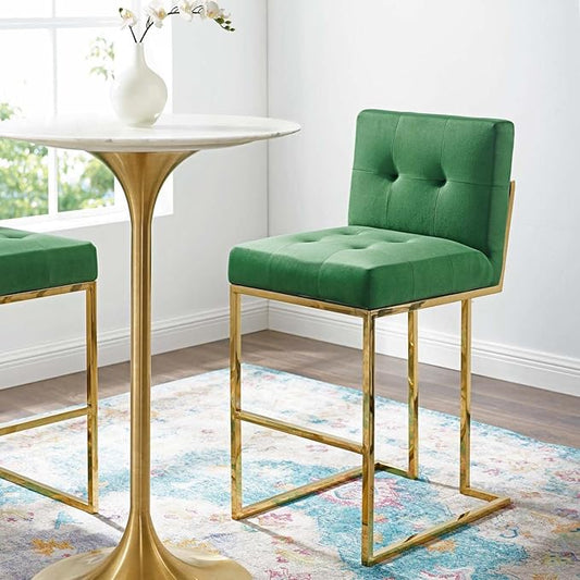 Modway Privy Gold Stainless Steel Performance Velvet Bar Stool, Emerald