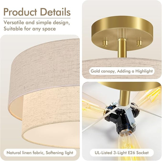 16.5'' Semi Flush Mount Ceiling Light, 3-Light Gold Ceiling Light Fixtures, Farmhouse Close to Ceiling Light with Linen Shade, Modern Drum Ceiling Light for Living Room/Hallway/Bedroom/Dining Room