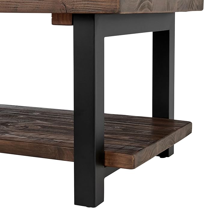 Alaterre Furniture Pomona Living Room Collection – 42 Inch Rectangular Solid Wood Coffee Table with Storage Shelf & Metal Legs – Rustic Industrial Farmhouse Living Room Table (Rustic Brown)