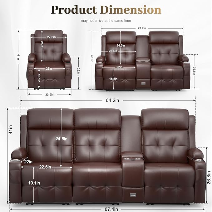 Recliner Sofa, 3 Seater Massage Reclining Loveseat Sofa Sets, 1 Lovseat Reccliner, 2 Single Power Recliner Chairs Heat & Massage, Heavy Weight Capacity, RV Clearance Couch with Console, USB, Type C