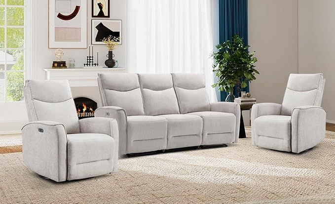 ANJ 3Pieces Recliner Sofa Furniture Set,Double 1 Seat Swivel Recliner Chair with USB Port, a 3 Seater Reclining Sofa for Living Room, Modern Durable Soft Fabric Home Furniture Set, Light Grey