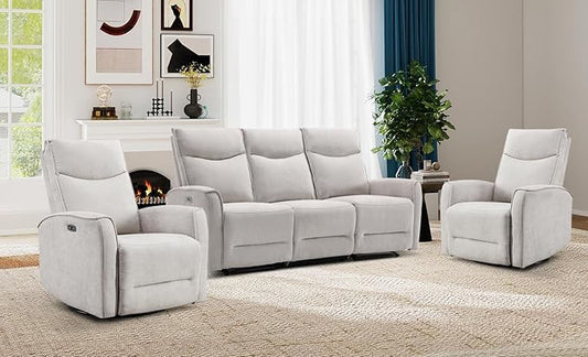 ANJ 3Pieces Recliner Sofa Furniture Set,Double 1 Seat Swivel Recliner Chair with USB Port, a 3 Seater Reclining Sofa for Living Room, Modern Durable Soft Fabric Home Furniture Set, Light Grey