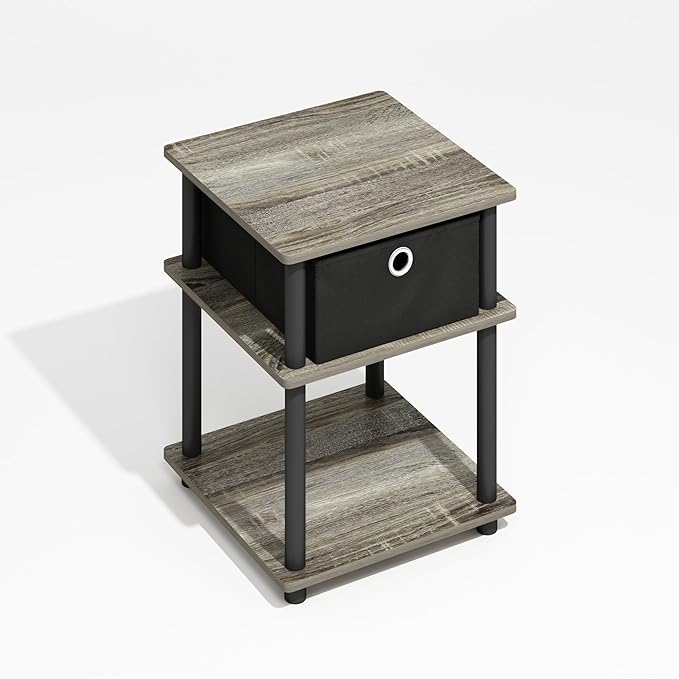 Furinno Turn-N-Tube Side Table, 3-Tier Square Modern End Table with Storage Bin, Open Shelf Night Stand, Bedside Table, Easy Assembly, Grey Oak/Black/Black