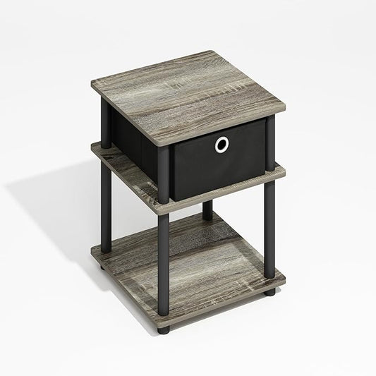 Furinno Turn-N-Tube Side Table, 3-Tier Square Modern End Table with Storage Bin, Open Shelf Night Stand, Bedside Table, Easy Assembly, Grey Oak/Black/Black