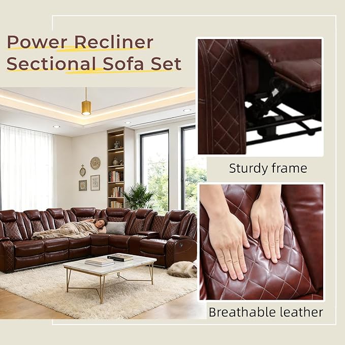 Power Reclining Sectional Sofa Set with LED, Living Room Furniture Sets, Leather Recliner Couch for Living Room/Home Theater, Sectional Couch and Chair with 3 Recliners, USB Port/Hide-Away Storage