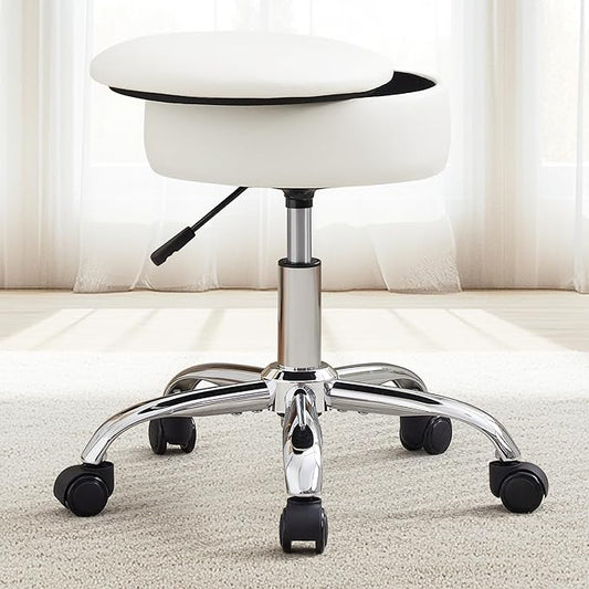 Adjustable Vanity Stool with Storage Rolling Vanity Chair with Wheels Swivel Vanity Stool Chair for Vanity Makeup Stool White