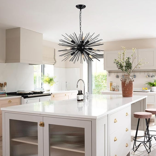 24in Black Sputnik Chandelier Light Fixture Over Table Modern 9-Lights Starburst Chandelier Solid Metal Satellite Sputnik Light Fixture for Dining Room, Kitchen Island, Bedroom,Foyer,Entryway