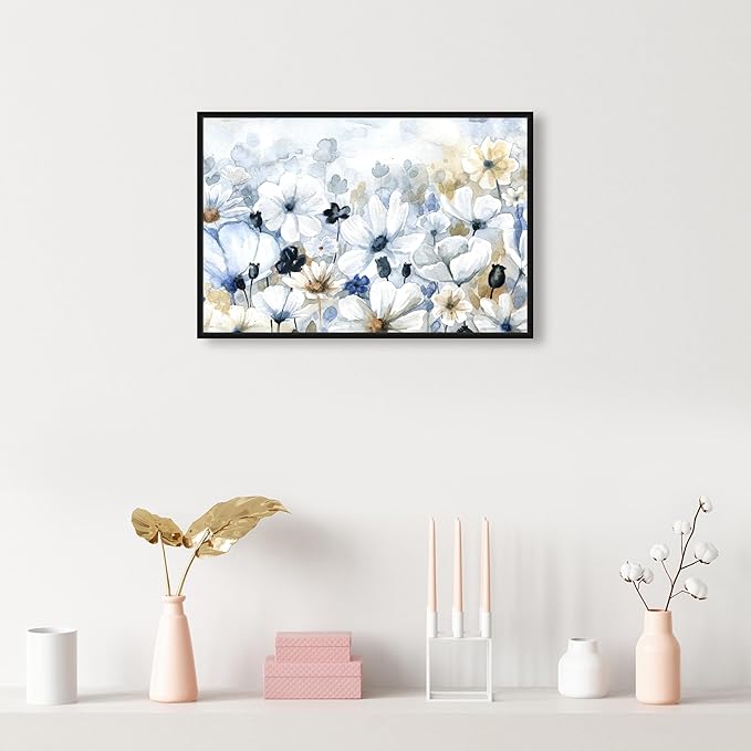 The Oliver Gal Artist Co. Floral and Botanical Wall Art Framed Canvas Prints 'Fields Flowers Home Décor, 24" x 16", Blue, White