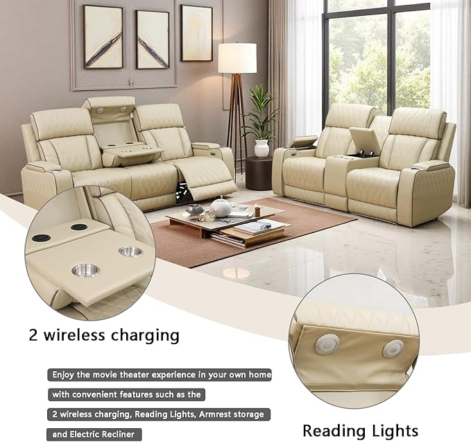 A Ainehome Power Leather Recliner Sofa Sets with LED Lights, Recliner Couch Sectional Couches for Living Room, Reclining Sofa and loveseat, Storage Console (Khaki,Sofa+loveseat)