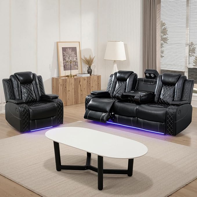 Power Recliner Sofa Set for Living Room, Leather Reclining Sofa Sets with Storage Console, Living Room Furniture Sets with LED Lights(Sofa and Chair,Black)