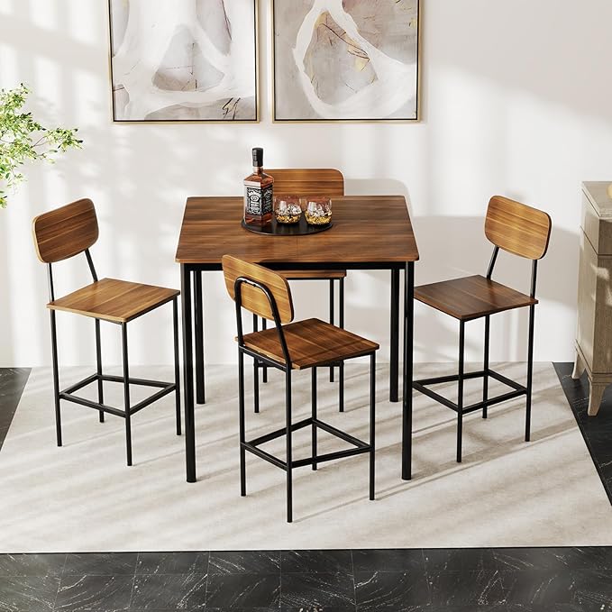 GOFLAME 5-Piece Dining Table Set for Small Space, Kitchen Table and Chairs Set for 4 with Steel Frame, Square Breakfast Table Set, Industrial Counter Height Table Set for Home, Restaurant & Cafe, Teak