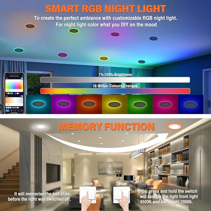 6Pack Smart RGB Recessed Light 6Inch,Ultra-Thin Canless LED Downlight,2.4GHz Wi-Fi Bluetooth Direct Connect,2700K-6500K,12W,1080LM,Work with App/Alexa/Google Assistant/Siri