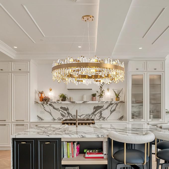 CROSSIO D39.4'' Large Crystal Chandelier, 20-Light Modern Gold 2-Tiers Crystal Raindrop Chandelier, Luxury Round Flush Mount Ceiling Light for Dining Living Room Kitchen Island Entryway Foyer