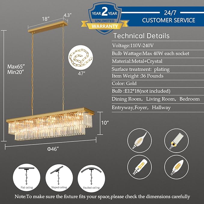 Crystal Chandeliers for Dining Room Light Fixtures Over Table，18-Lights Gold Modern Rectangle Chandeliers for Kitchen Island Bar L46 Inch
