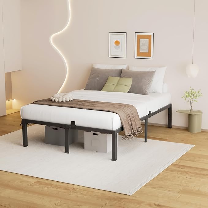 14 Inch Metal California King Size Bed Frame with Mattress Slide Stopper - Double Black Anti Squeak Platform, Easy Assembly Heavy Duty Bedframes, No Box Spring Needed