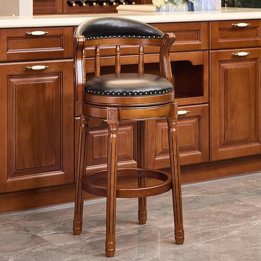 Cow top Leather Wooden Bar Stools, 29.5" Height Bar Chair with Back, 180 Degrees Swivel Bar Stools Chair for Home Kitchen Counter,Restaurant,1pc (Black-1pc, Bar Seat Height 29.5in)