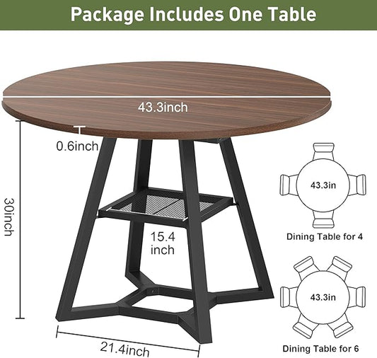 Round Dining Table for 4-6 with Storage Shelf, Kitchen & Dining Room Circle Pedestal Table, Heavy Duty Metal Frame & Wood Top