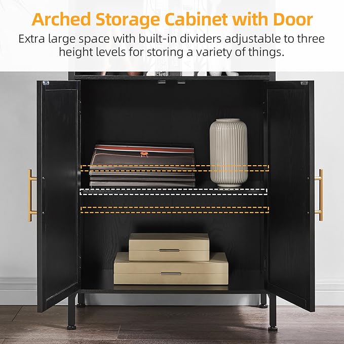 Arched Bookcase Book Shelf with Doors, 5 Tier Display Bookshelf Tall Cabinet with Storage, Industrial Floor Standing Bookshelves Open bookcases for Home Office, Living Room(Black)
