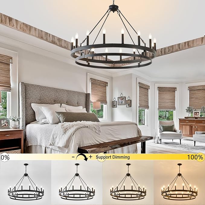 40 inch Black Wagon Wheel Chandelier,Farmhouse Industrial Country Style Round Pendant Light Fixture,Round Ceiling Light fixtures for Outdoor Porch high Ceilings Living Dining Room Foyer Entryway