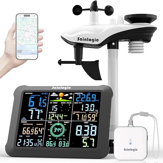 Sainlogic Smart WiFi Weather Stations Wireless Indoor Outdoor Sensor 24/7 Weather Forecast by Weatherseed® AI,Wind Speed and Rain Gauge Outdoor,UV,Alerts & 2-Year Data Export