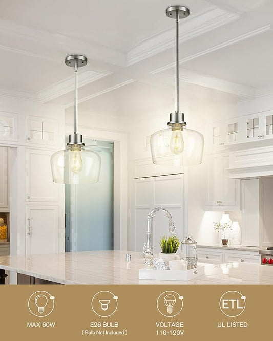 Emak 10 Inch Brushed Nickel Pendant Light, Modern Large Pendant Lights Kitchen Island, Hanging Lights with Clear Glass Shade for Kitchen, Dining Room, Entrance, PL126-BN-CG