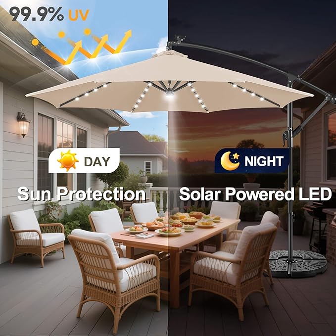 Solar Offset Patio Umbrella - 10 FT Solar Cantilever Umbrella Outdoor with 40 LED Lights and Cross Base, UV Protection for Garden, Deck, Backyard, Pool, Porch, Beige