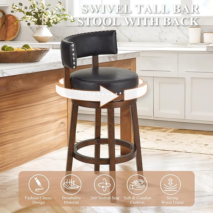 COLAMY Swivel Bar Stools Set of 2, 30 Inch Swivel Bar Height Bar Chairs, Modern Upholstered Wood Barstools with Back for Kitchen Island Dining Room, Dark Brown
