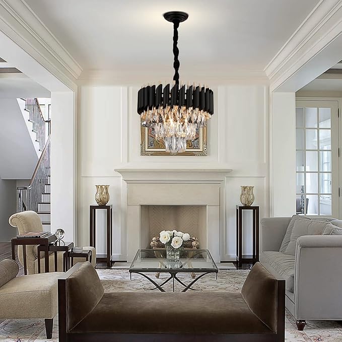 Modern Crystal Chandeliers 3 Tiers Black and Gold Pendant Light Fixtures 16” Round Flush Mount Chandeliers Ceiling Lighting Dimmable for Living Room Dining Room Foyer Bedroom Kitchen